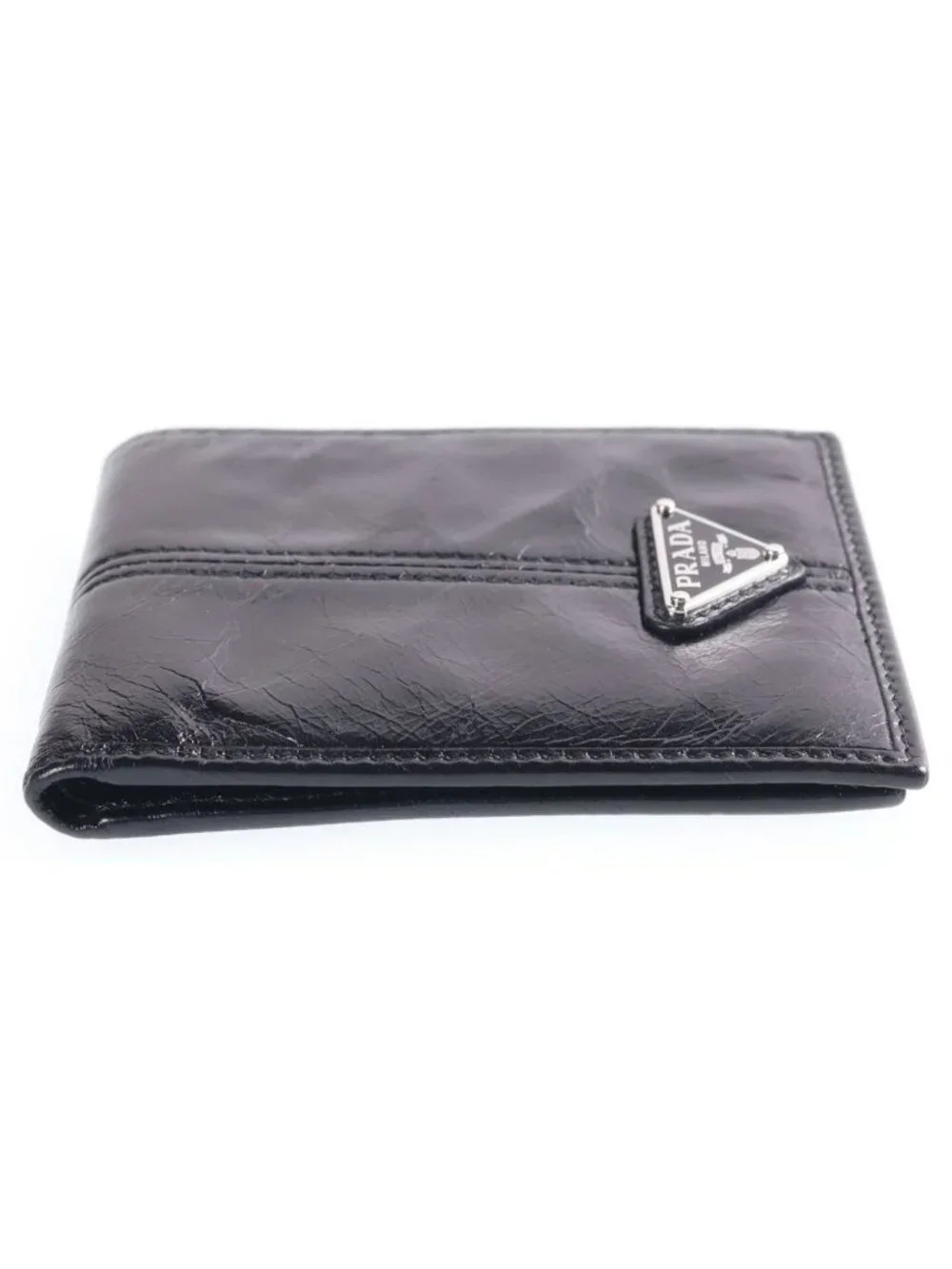 Prada Triangle Logo Bifold Wallet Compact Card Case Black Leather